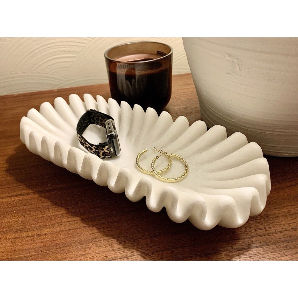 Modern Faux White Marble Ruffle Centerpiece Bowl Pleated Scallop Fluted Wavy 11"